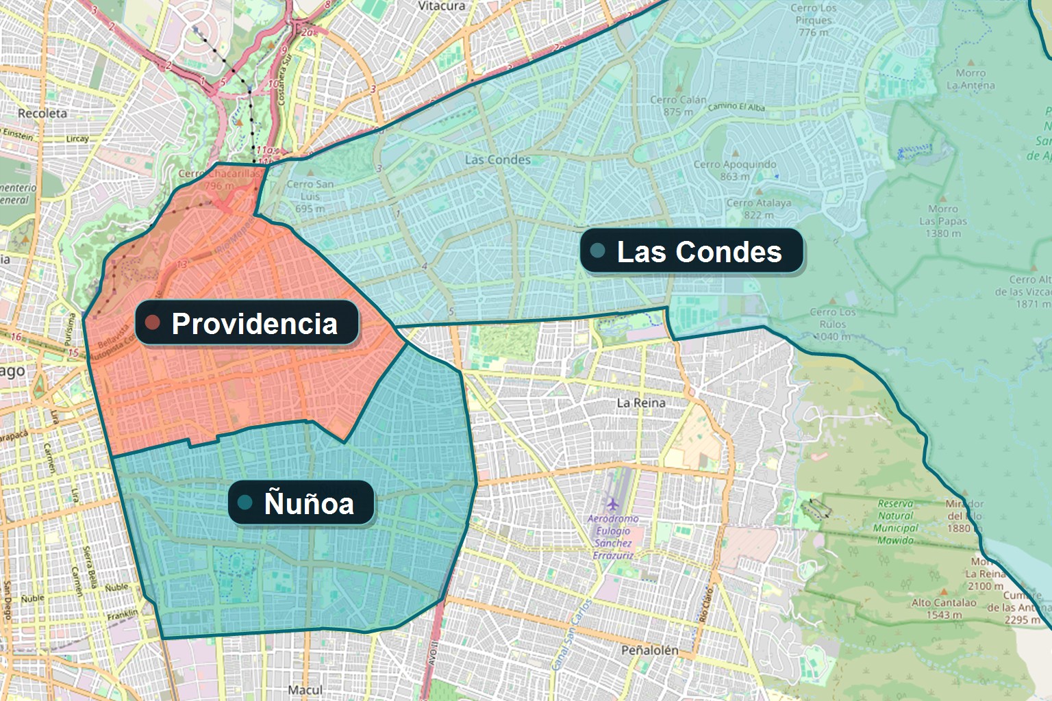 Mapa de cobertura urbana de Congelados Romasil en Providencia, Ñuñoa y Las Condes